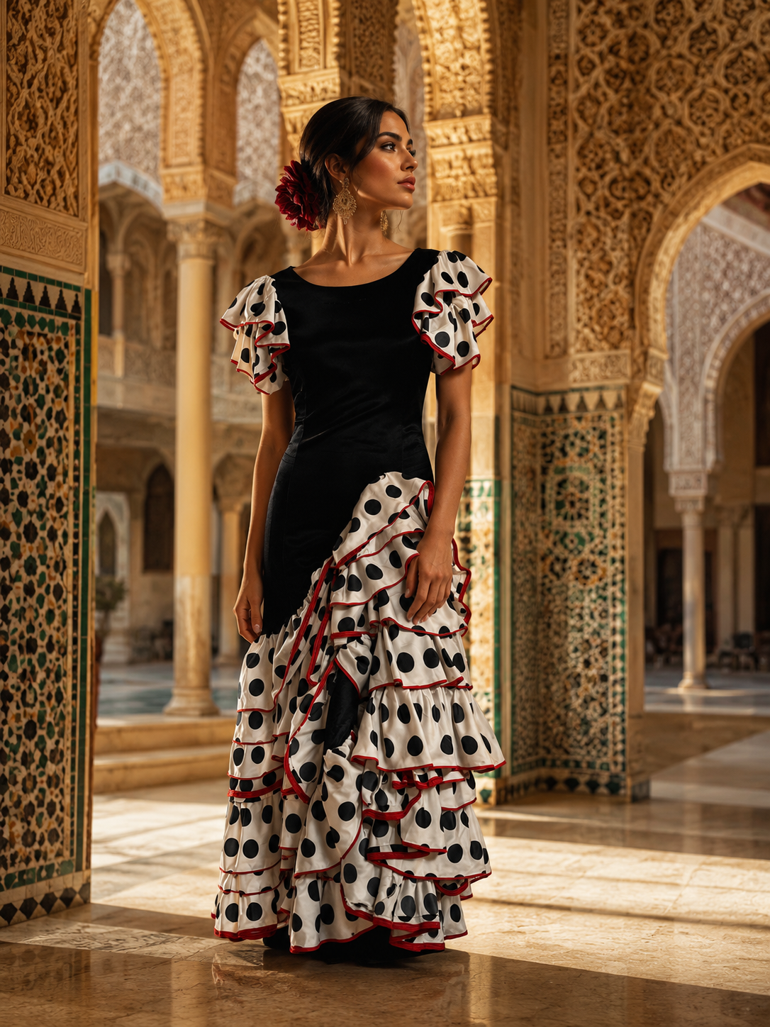 robe espagnole satin noir à volants blancs et noirs