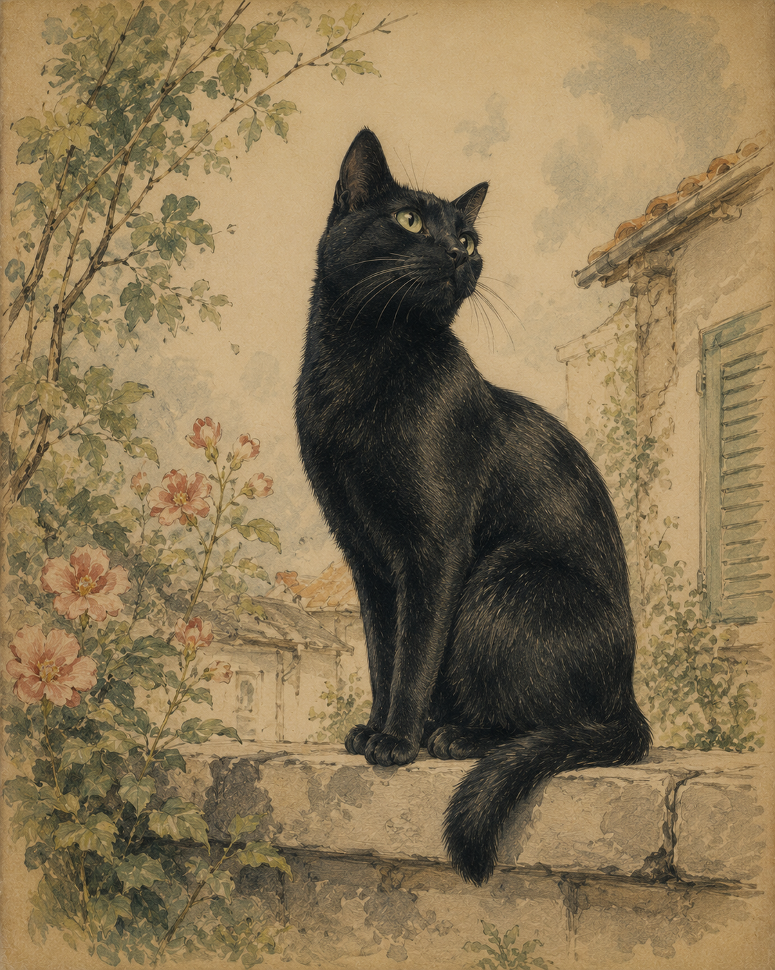 dessin de chat noir assis sur un muret dans un jardin