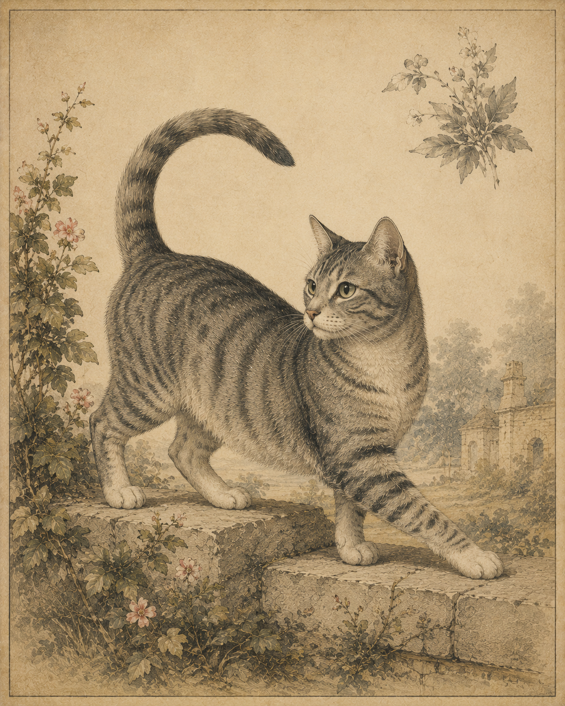 dessin de chat marchant sur un muret de pierres dans un jardin