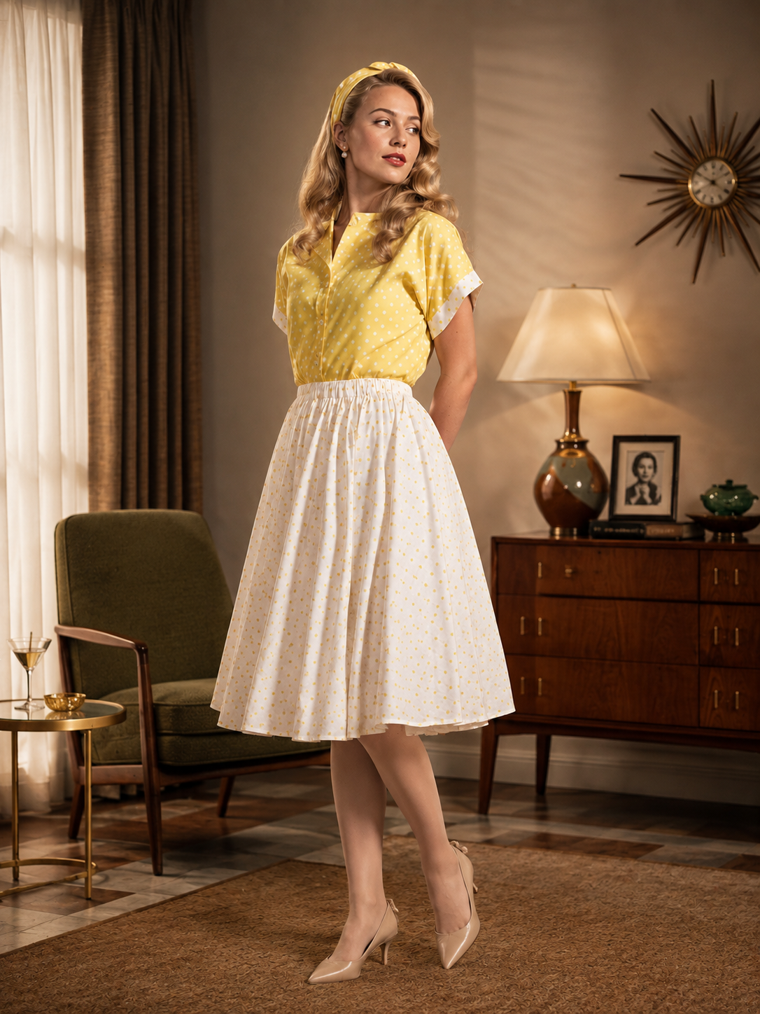 costume années 60 pour femme composé d'un chemisier hyper féminin et d'une jupe plissé
