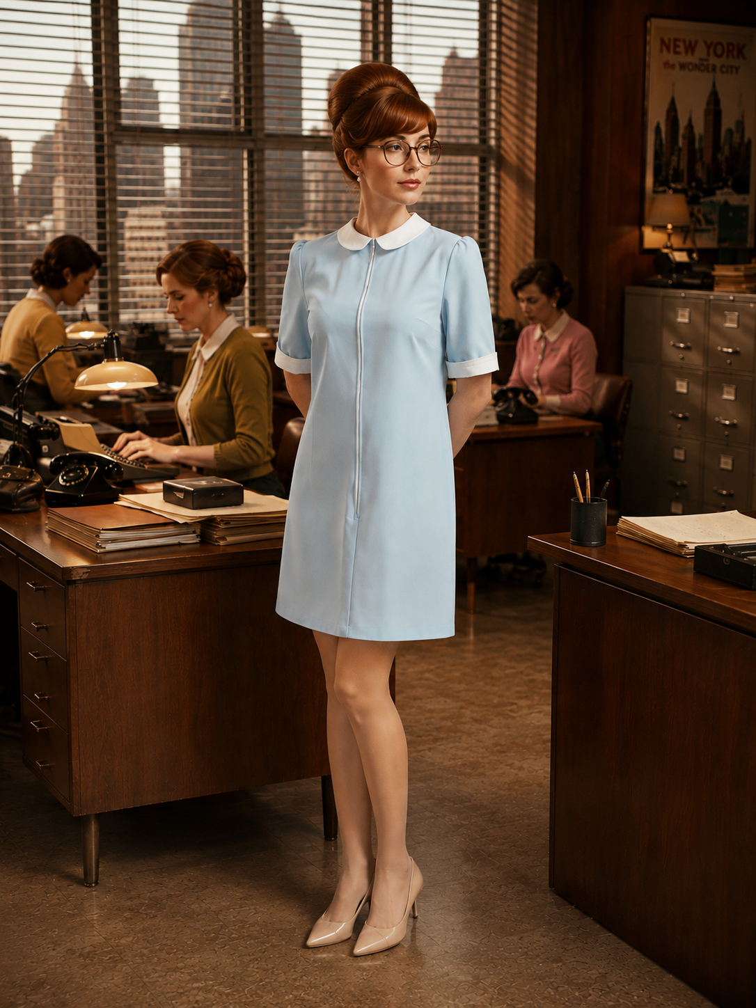 robe années 60 bleu ciel à petit col, manches contrastantes et fermeture éclair devant.